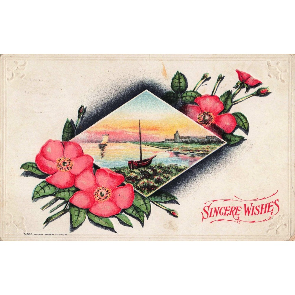 Vintage 1909 Sincere Wishes Postcard Pink Roses Sailboat Sunset Sheboygan WIS VG - Picture 1 of 2